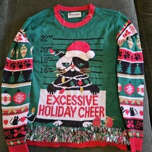 Green Holiday Ugly Sweater with Festive Cat Design "Excessive Holiday Cheer"